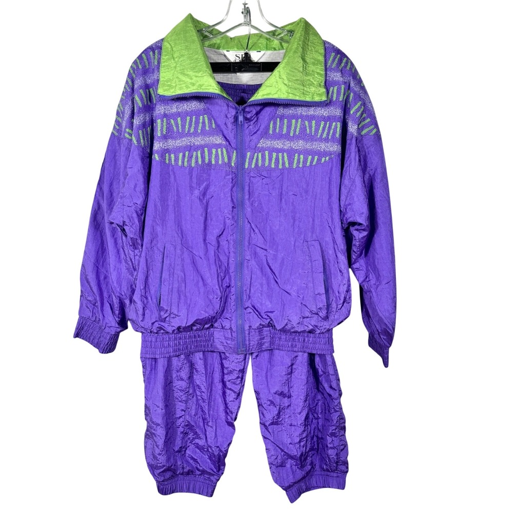 Vintage SFO 90s‎ Two-Piece Neon Nylon Track Suit Jogging Ski M/L Retro Geometric